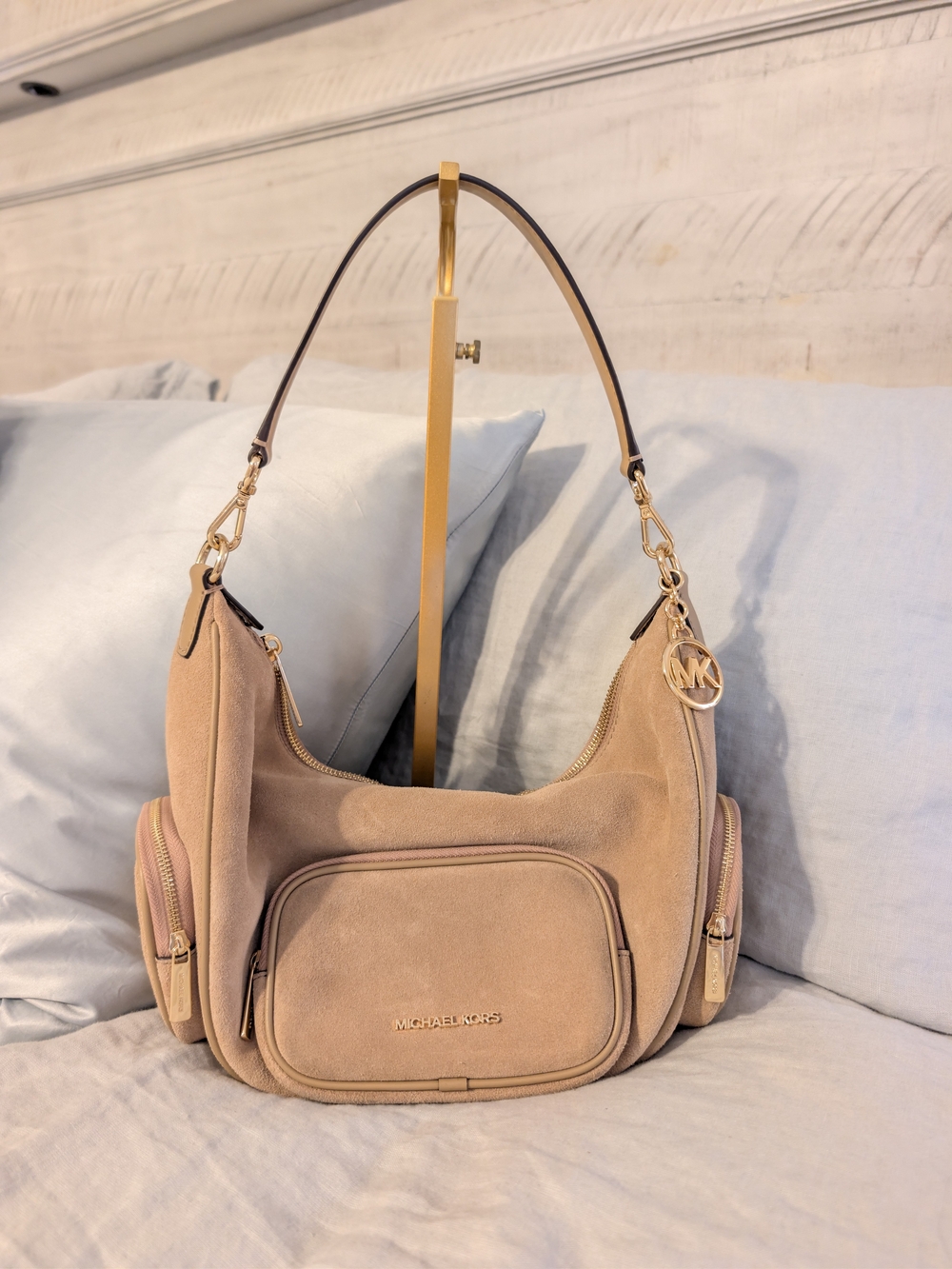 Michael Kors Merritt Suede Convertible Shoulder Bag Tan Camel Gold Hardware